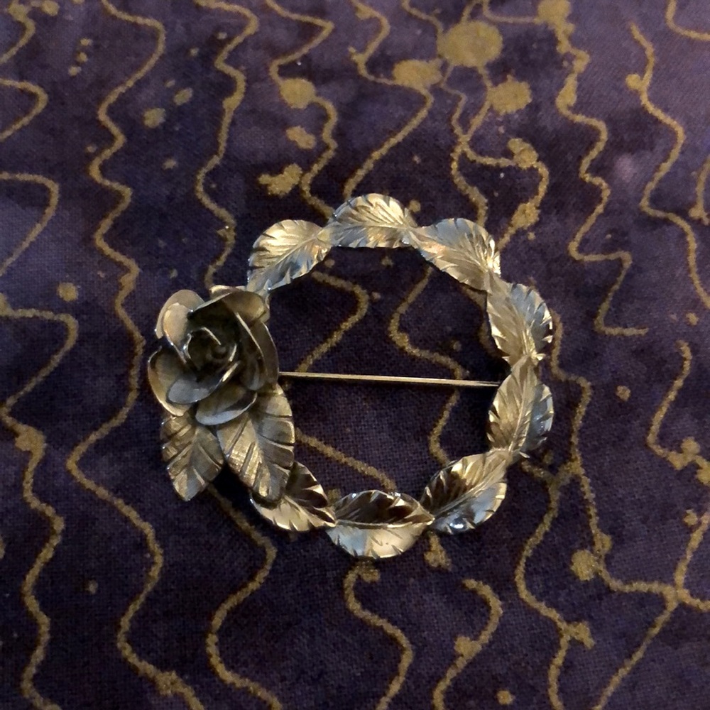 Silver Tone Vintage Rose Bloom and Rose Leaves Brooch (1960’s) Circle Pin